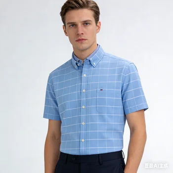 100% Cotton Breathable Men Oxford Short Sleeve Summer Plaid Striped Male Shirt Business Regular Fit Oversized Clothes 6