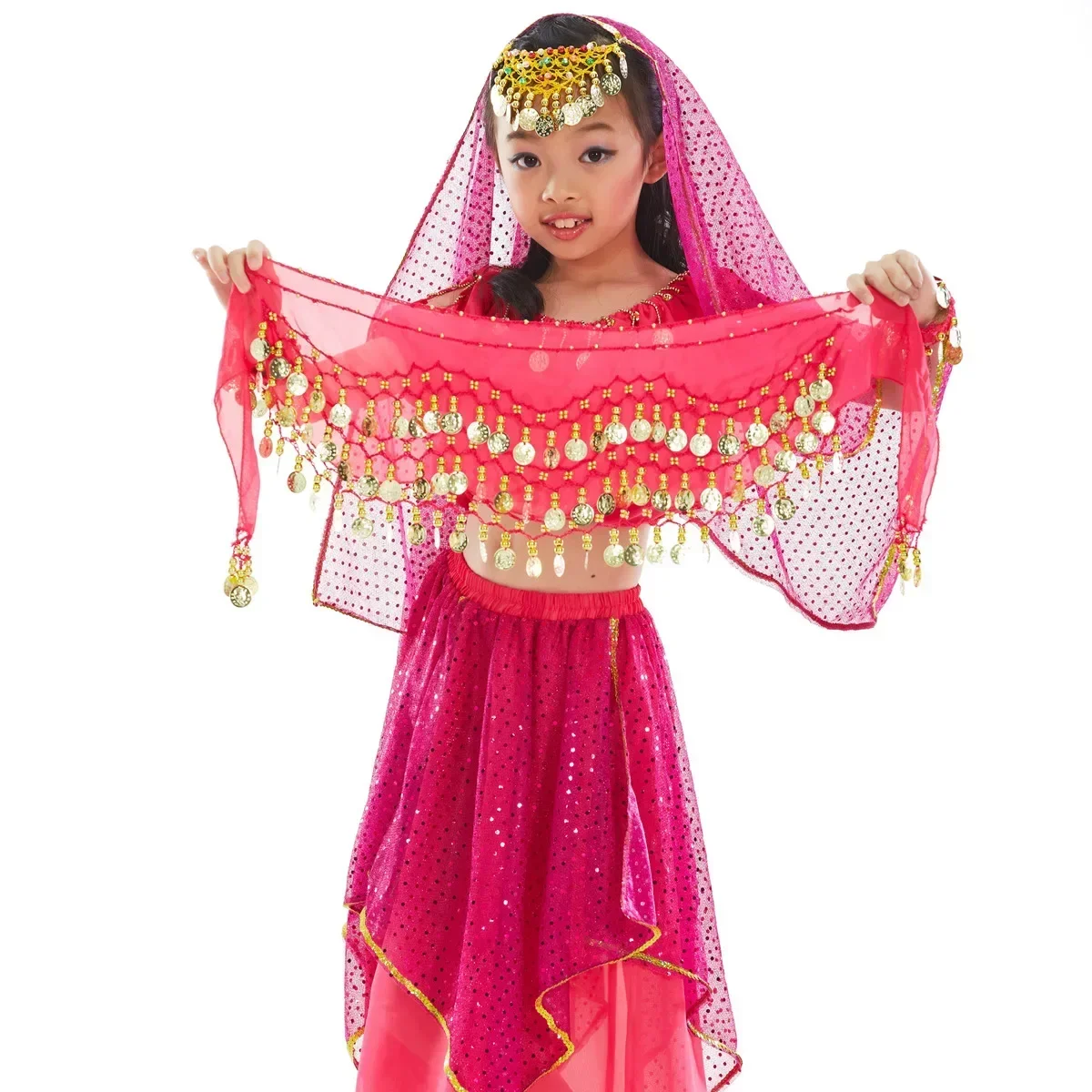 ผ้าพันสะโพกสำหรับเต้นรำแบบโซ่คล้องเอวสำหรับเด็กเข็มขัดสำหรับเต้นแบบอินเดีย12สี68เหรียญ