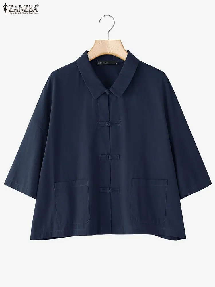 Damen-Hemden im Vintage-Stil mit Froschknöpfen, Baumwoll-Leinen, Umlegekragen, 3/4-Ärmel-Hemd, ZANZEA 2022, Herbst, Alltag, Freizeitkleidung, S-3XL