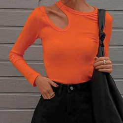 Sexy Shoulder Hollow Out Slim T Shirt Women Long Sleeves Bottoming Shirt Ladies Tee Shirt Tops Camisetas Mujer