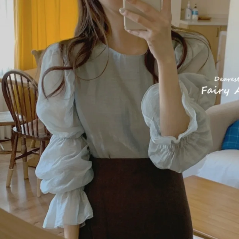 Women Blouse Flare Sleeve Perspective Chiffon Shirt  Full Blusas Femininas Spring New Tops Lady Shirts Thin Temperament