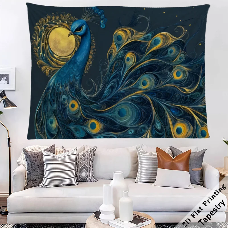 Majestic Peacock Celestial Tapestry Wall Hanging Large Gold Blue Feather Boho Decor Art Print for Living Room Bedroom Luxury Hom