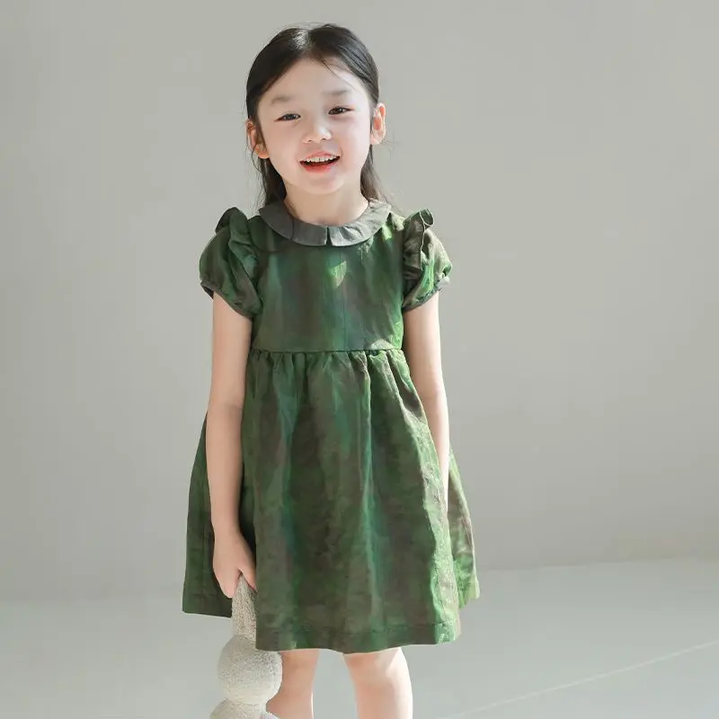 1-9Years Toddler Baby Girl Summer Dress Children Turn Down Collar Short Sleeve Princess Dress Children Green Causal Outfits 8 9