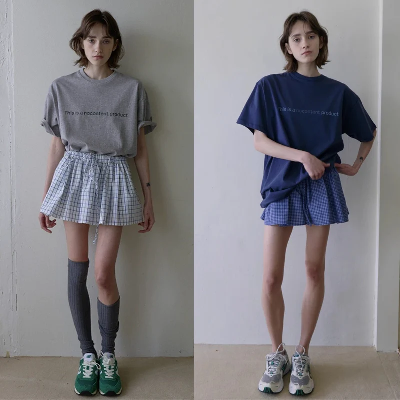 

Selfwill, лето 2025 г., свободная посадка, круглая футболка с буквенным принтом, женская клетчатая юбка, повседневная милая футболка-стойка...