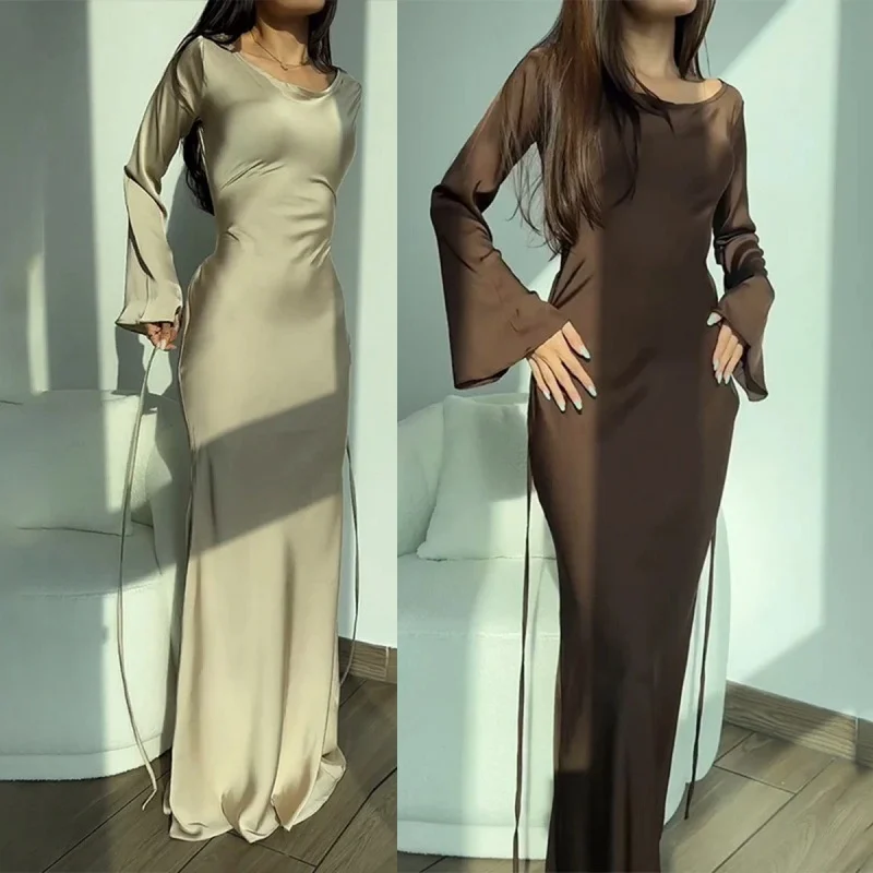 Evening Gowns Women Long Dress Fashion Simple Round Neck Satin Flare Sleeve Back Lace Up Slim Evening Party Dresses Sexy Dress