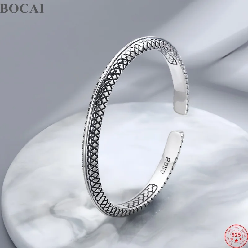 BOCAI New S925 Sterling Silver Charms Bracelet for Men Antique Dragon Scale Pattern Fashion Punk Bangle Fine Choice Jewelry