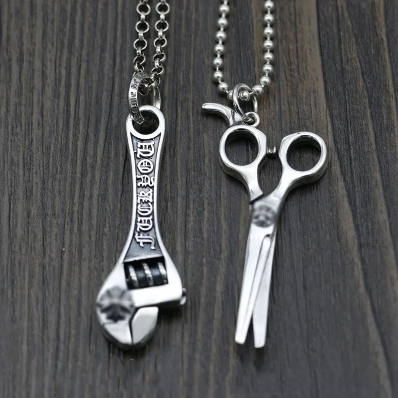 Punk motorcycle style retro wrench pendant, pure silver s925 scissors pendant, sweater chain pendant