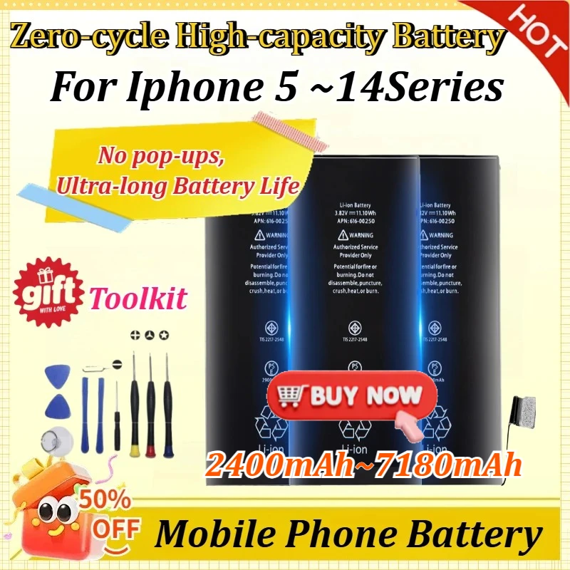 

Zero-cycle Replacement Mobile Phone Battery for IPhone 14 13 12 Pro 6S 6 7 8 Plus X XS Max New Lithium Polymer Bateria +Tools