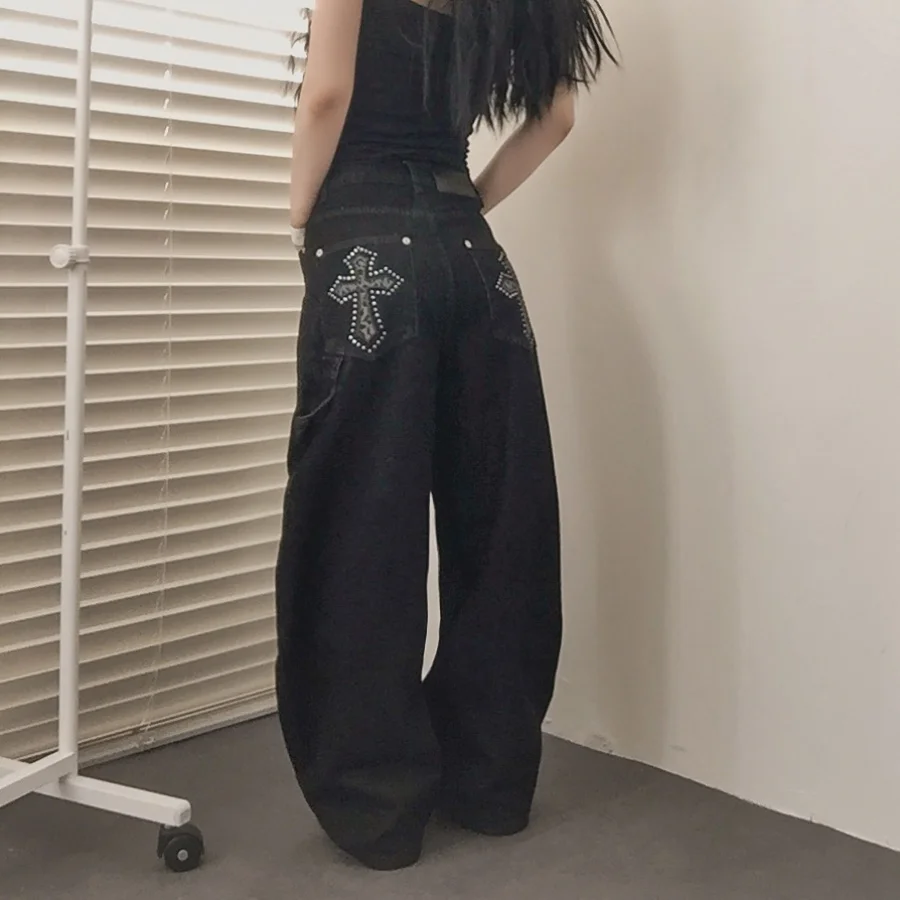 Heavy Duty Cross Patchwork Jeans High Waist Rivet Design Loose Wide Leg Long Pants Casual Style Asymmetric Cotton Denim