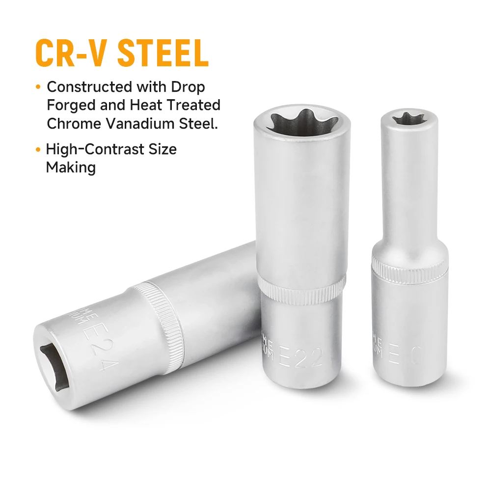 Hoteche 9 قطعة 1/2 "دكتور E نوع مقبس عميق 50Bv30 ، متعدد المواصفات E10-E24 مآخذ إصلاح السيارات لأداة ميكانيكي السيارة