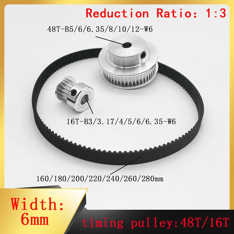 

2M/2GT 48 Teeth+16 Teeth GT2 Timing Synchronous Pulley Set Reduction Ratio 3:1 Aperture 3-12mm Belt Width 6mm 3D Printer Parts