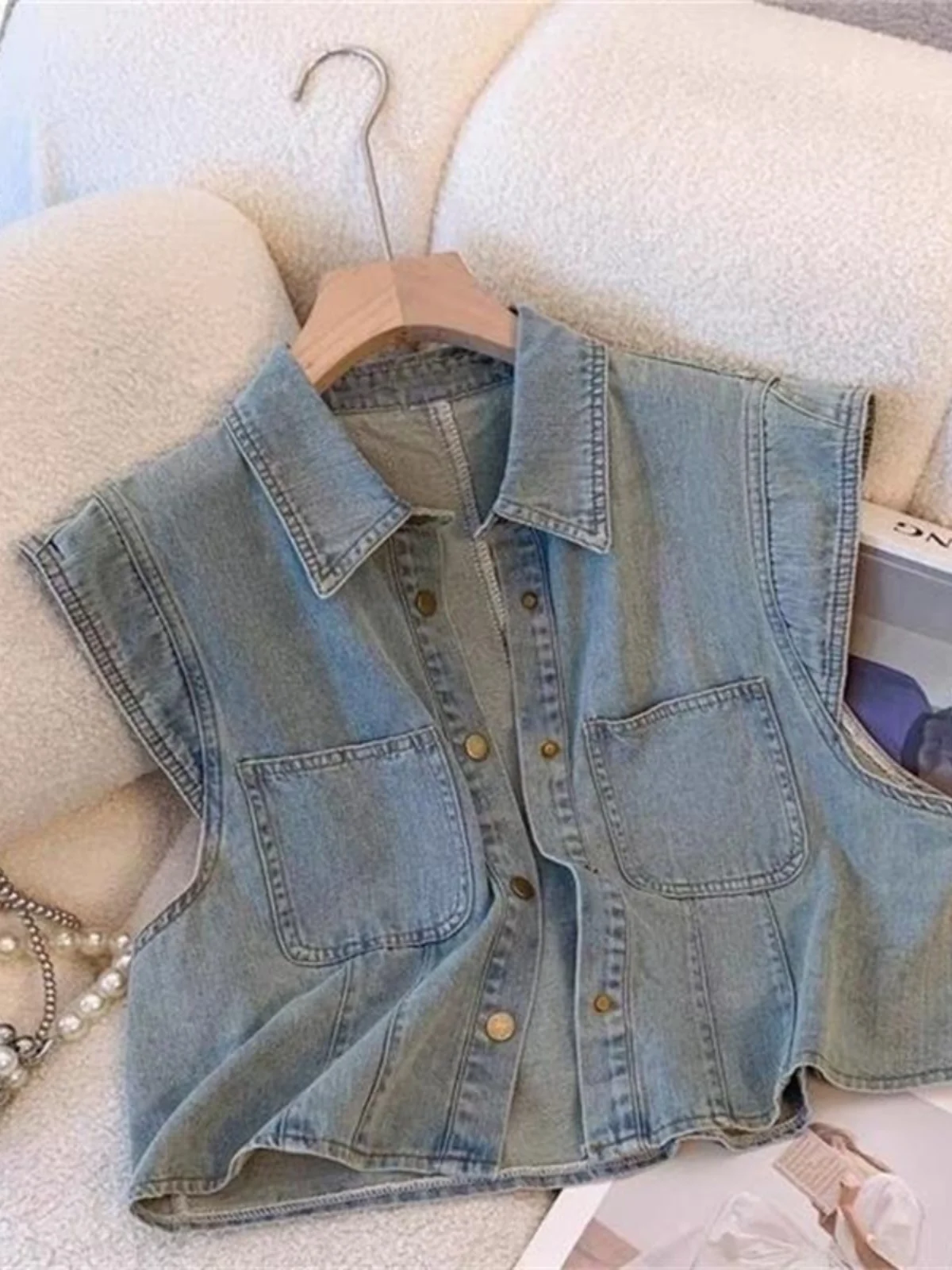 

Retro ort Svel Jaet Women's Denim Outerwear Design Sensation Flng Sve Layering Summer Casual High Waist