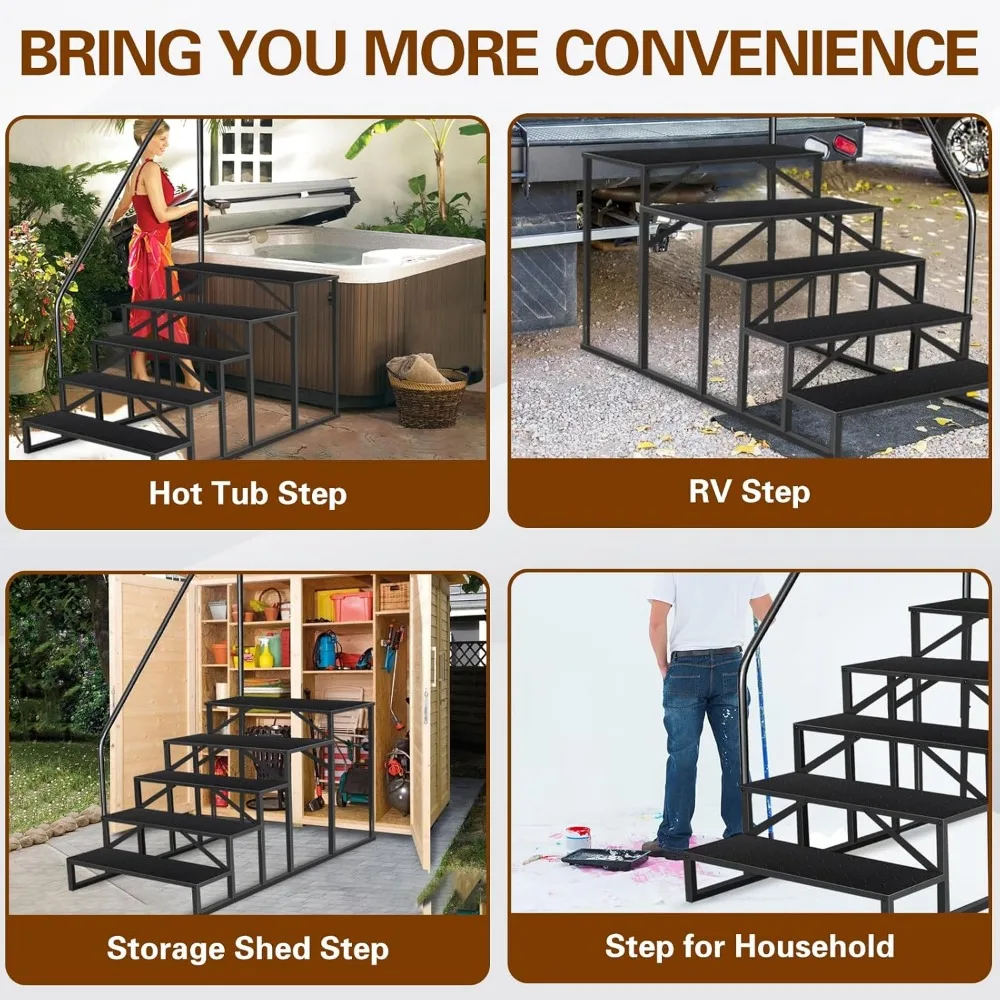 Hot Tub Steps with Handrail, 5 Step Ladder Pool Ladder Above Ground, Anti-Slip RV Stairs Steps for Hot Tub Camper Trailer Porch
