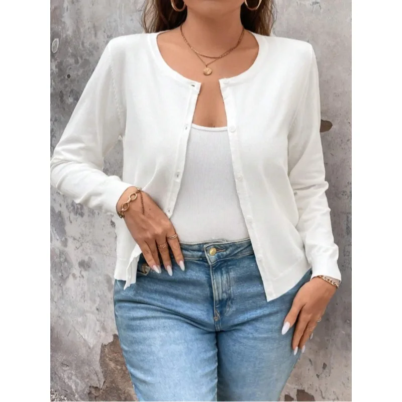 Plus Size Women's Casual Cardigan Jacket Solid Color Round Neck Long Sleeve Single Breasted Cardigan Coat Fashion Streetwear