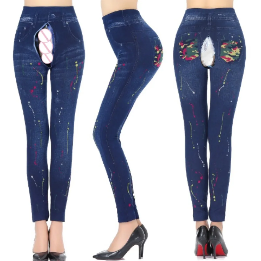 150kg Plus Size Women's Invisible Open Crotch Outdoor Sex Pants Faux Jeans Skinny Pants Printed Ripped Gym Fitness Yoga Leggings