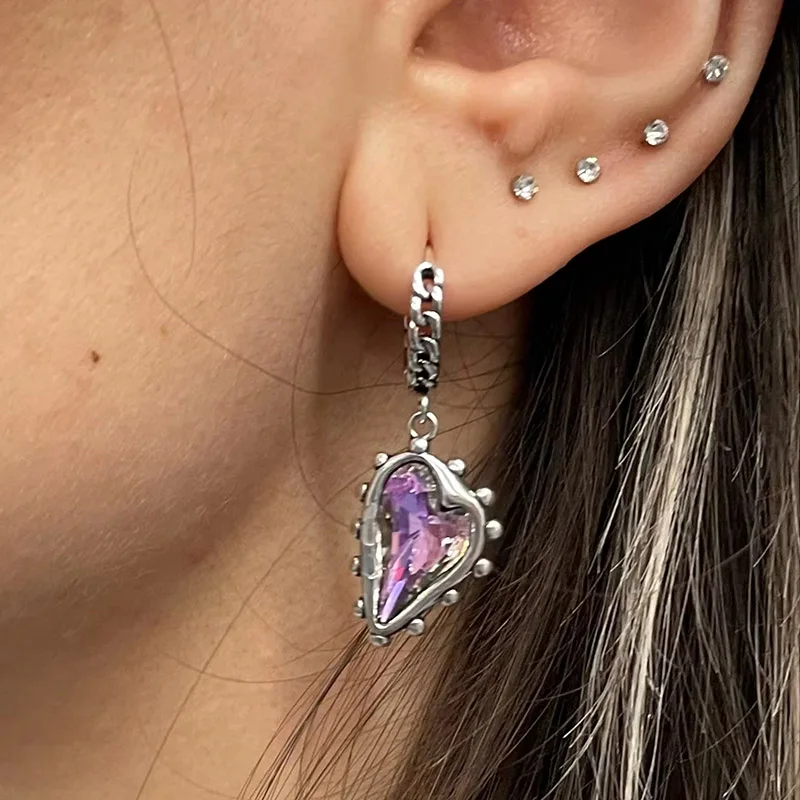 XIYANIKE Vintage Purple Crystal Heart Ssymmetrical Drop Dangle Hoop Earrings For Women Girl Fashion Jewelry Gift Party серьги