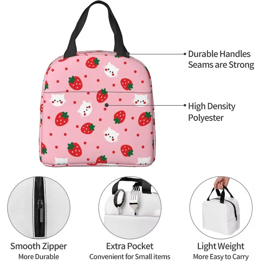 Strawberry Polka Cat Face Pattern Insulated Pink Lunch Bags with Pocket Reusable Thermal Freezable Lunch Box for School Picnic