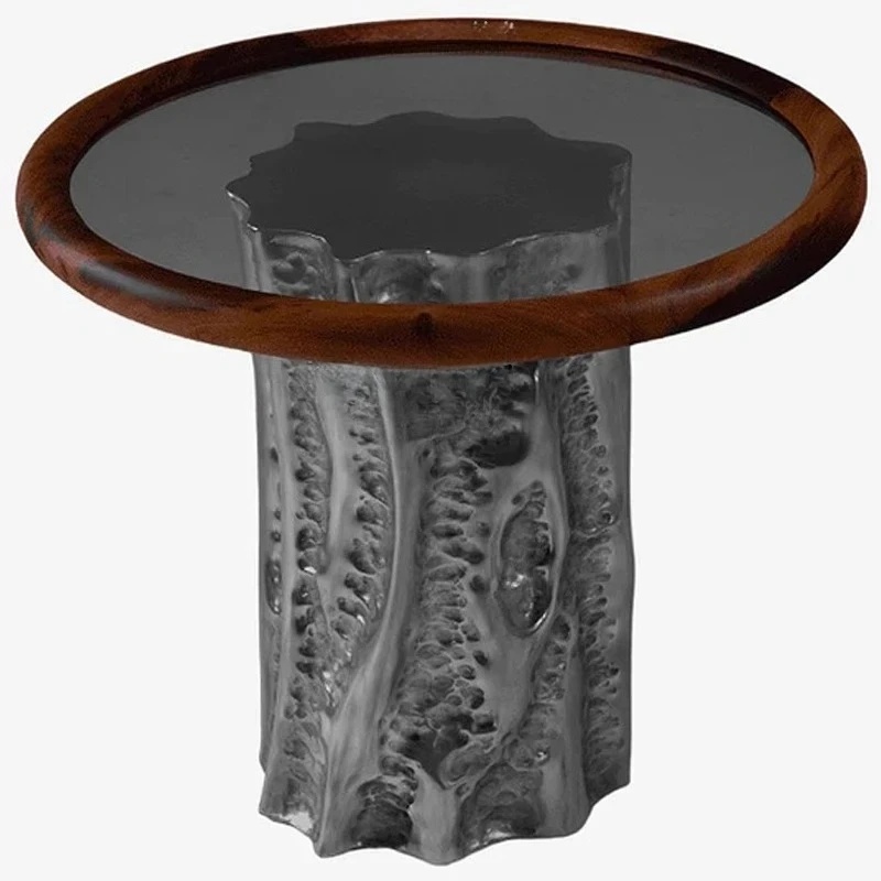 

Modern light luxury art electroplated wooden side table, hotel villa glass coffee table round table