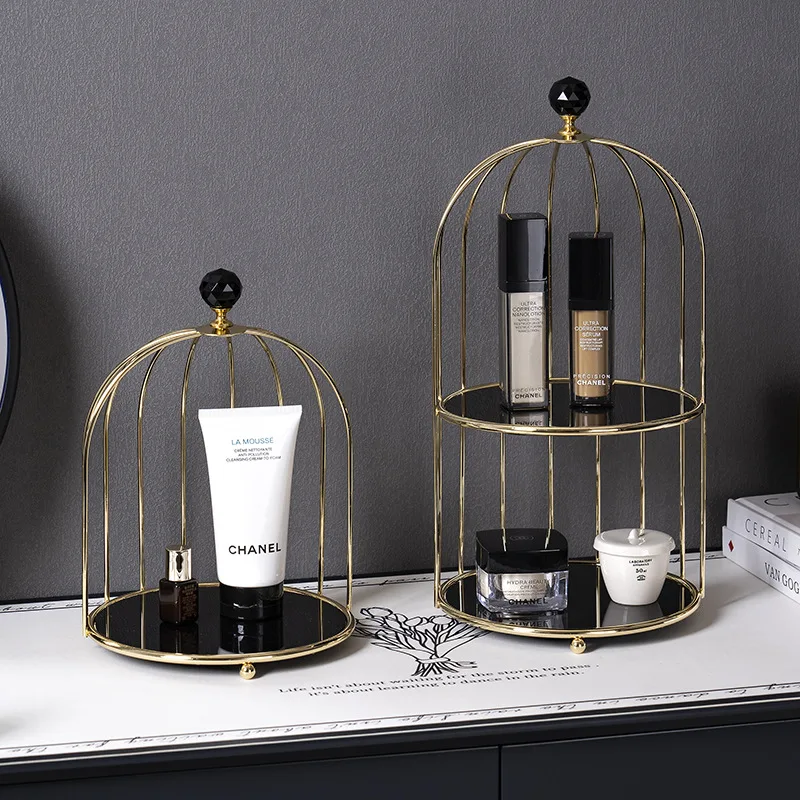 

ins wind wrought iron bird cage rack multi-functional home cosmetics jewelry storage rack desktop finishing rack 2 layers