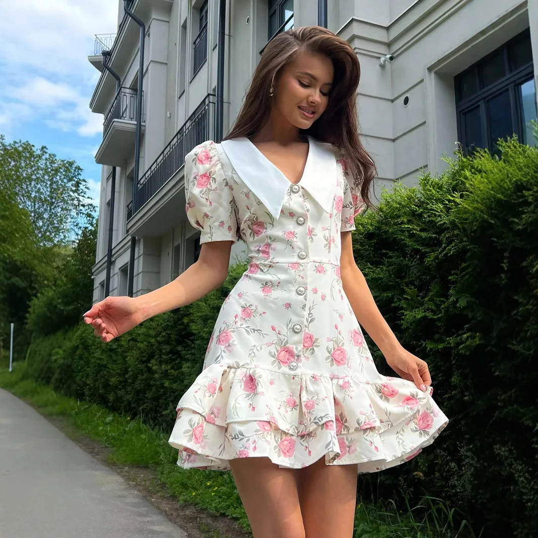 

Summer Print Dress Women's Fashion V-Neck High Waist Pearl Buttons Mini Dress 2026 New Female Casual Slim Fit Holiday Vestidos