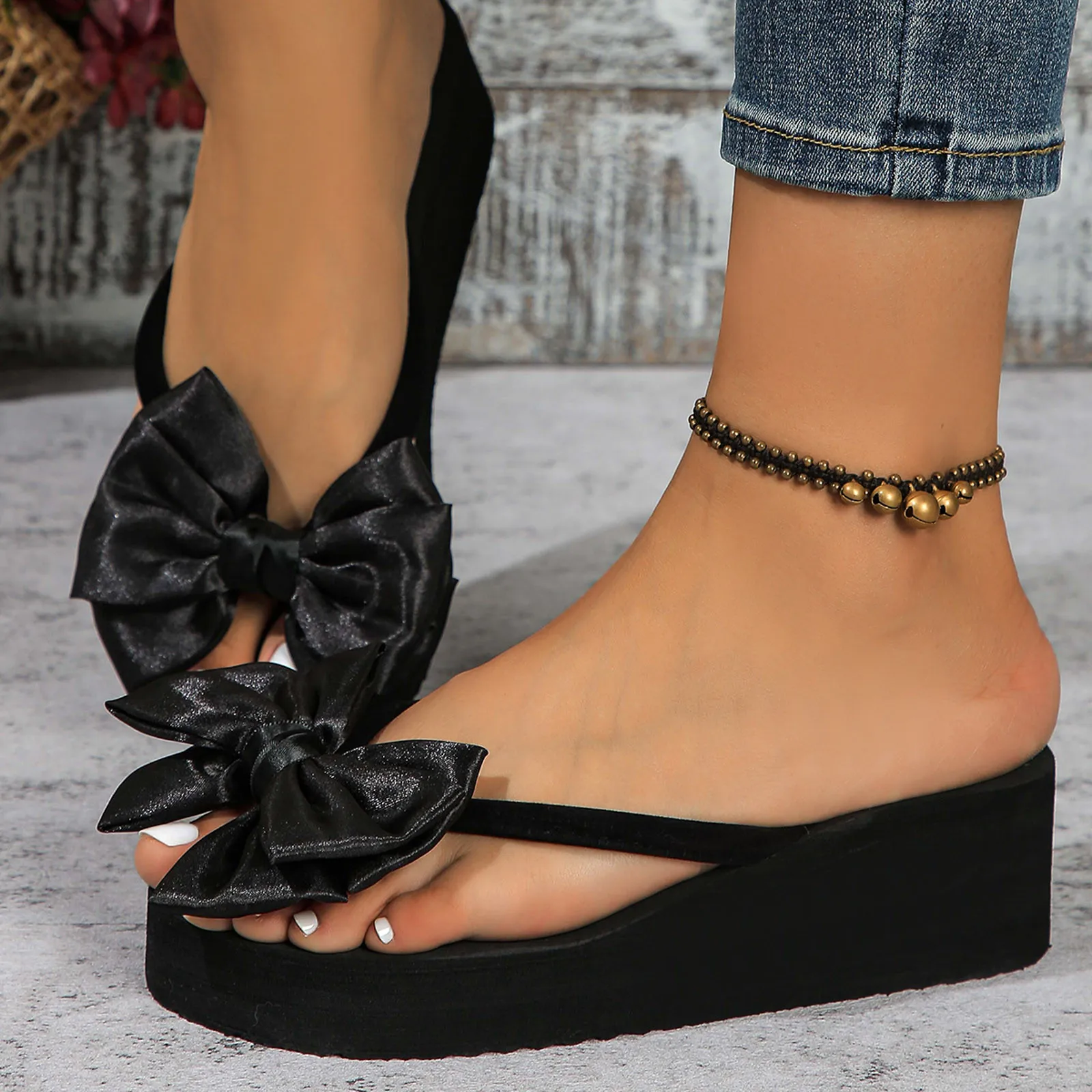 Women Platform Sandals Bow Decoration Wedge Open Toe Casual Daily Beach Ladies Shoes Lightweight Breathable Plus Size Sandals