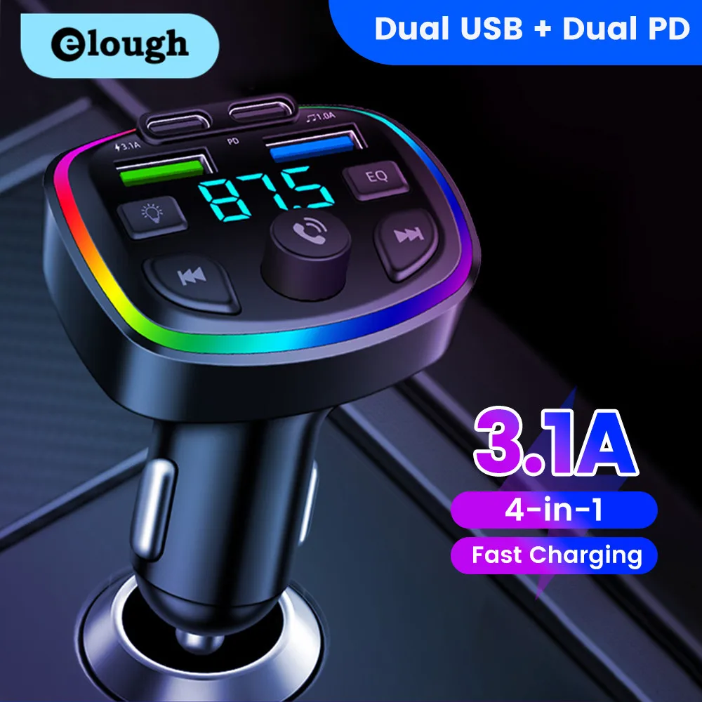 Cargador de Coche, Transmisor FM Inalámbrico Bluetooth, Llamadas Manos Libres, Receptor de Radio, Reproductor de Música Mp3, Adaptador Estéreo, Cargador con Puerto USB Dual