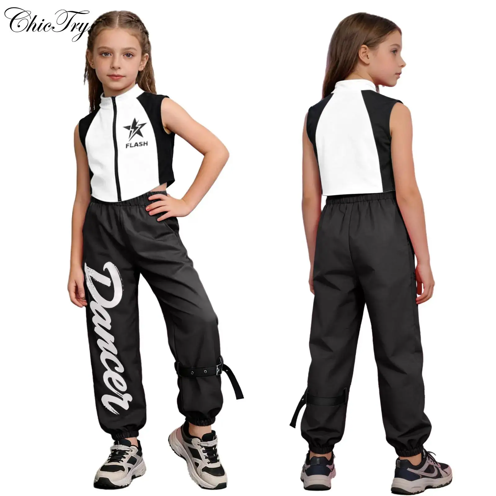 

Детский костюм для современного танца в стиле хип-хоп для девочек, костюм для выступлений, топ без рукавов на молнии с принтом и брюки, комплект