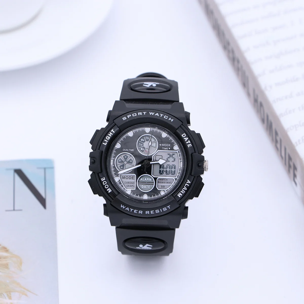 Black Waterproof Dual Display Digital Sports Watch Multifunctional Outdoor Electronic Wristwatch Digital Watch