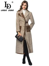 LD LINDA DELLA Autumn and winter New Style Vintage Designer Coat Women Brown Notched Single-breasted Slim Fit Long Coat