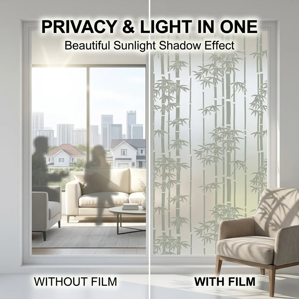 Elegant Vertical Bamboo Silhouette Window Film Self-Adhesive Frosted Privacy Protection Waterproof Oil-Proof Anti UV Heat