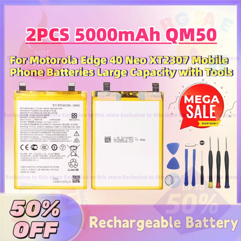 

2PCS High-Quality 5000mAh QM50 3.91V Battery for Motorola Edge 40 Neo XT2307 Mobile Phone Batteries Large Capacity with Tools