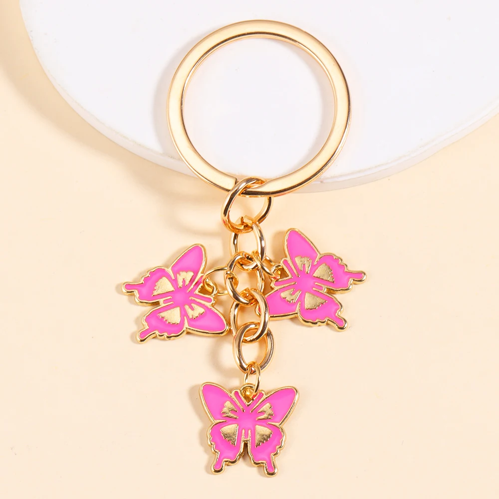 New Trendy Alloy Enamel Colorful Butterfly Insect Charms Keychain DIY Cute Keyrings For Women Men Bags Car Key Decor Craft Gifts