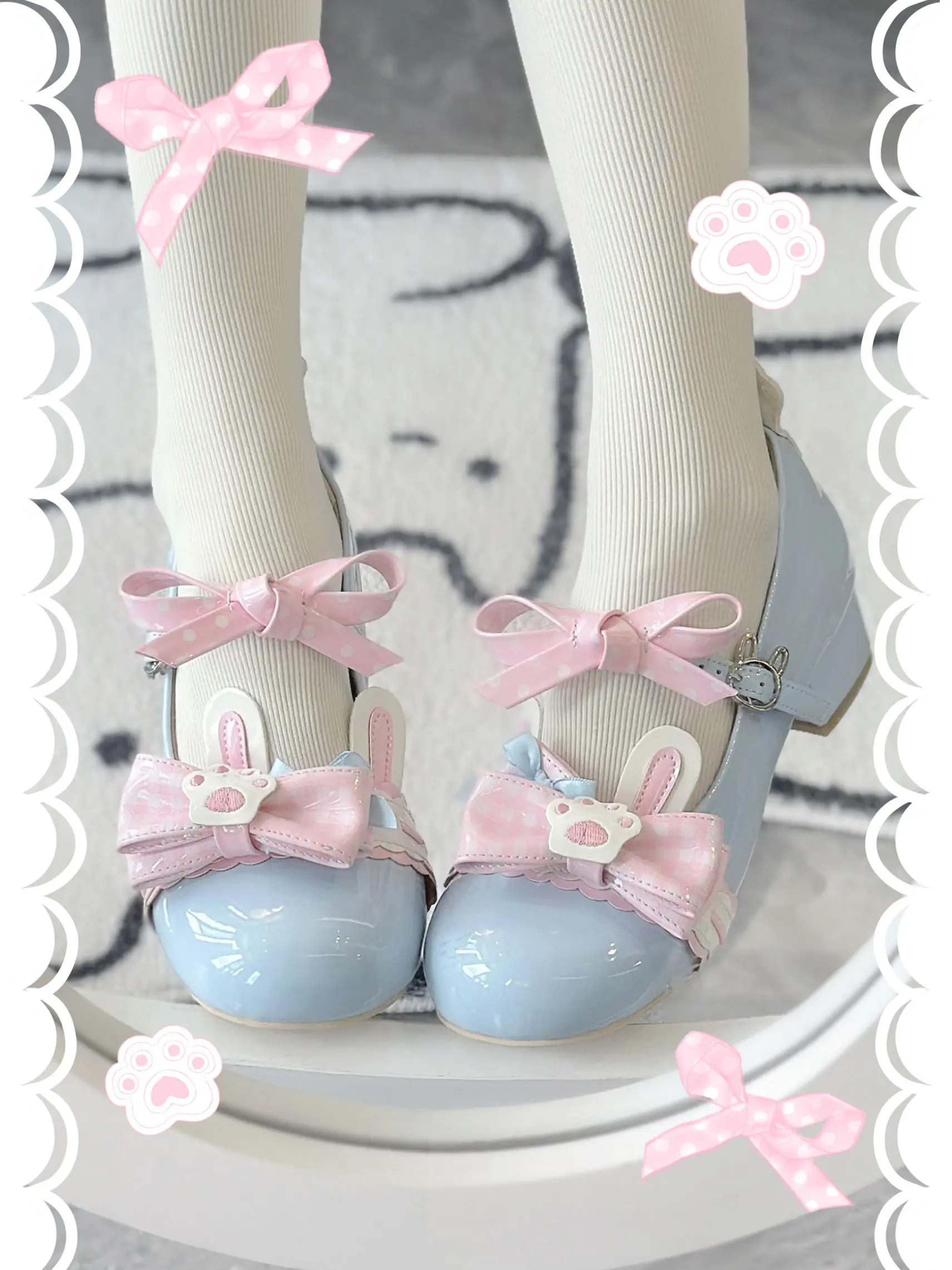 Kawaii Bunny Paw Lolita Mary Jane Shoes Plaid Bow Block Mid Heel Single Strap Cute Women Student Casual Pumps - view 6