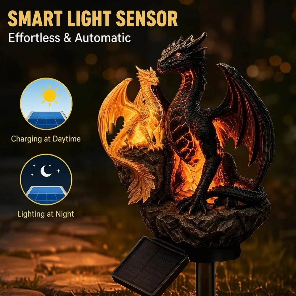 Soft Warm Glow Dragon Solar Garden Light Dragon Statue Gothic Shape Solar Dragon Stake Light Animal Medieval Fantasy