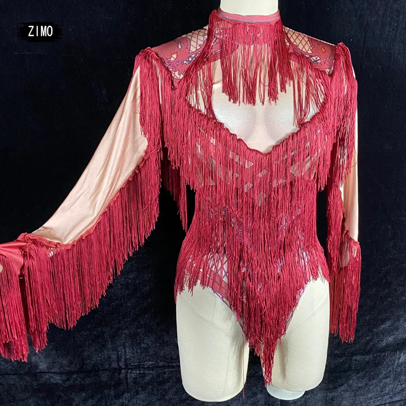 

fashion latin dance costume red long sleeve fringe bodysui sexy tassel leotard party nightclub performance drag queen costumes