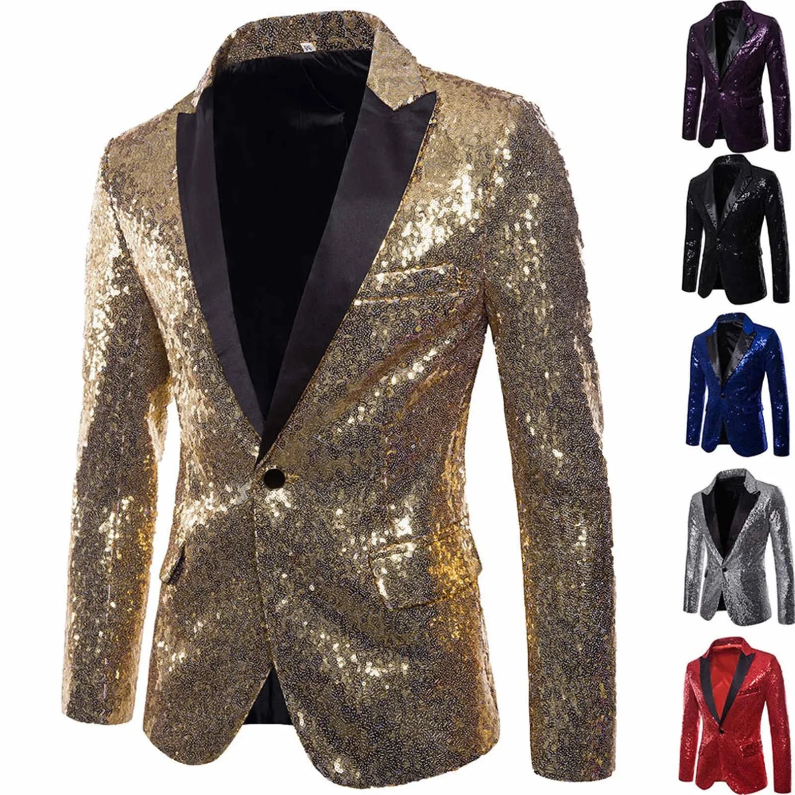 Shiny Sequin Suit Jacket Men\'s Stage Performance Coat White Silver Blue Red Purple Blazers V-neck Single Button A2577032