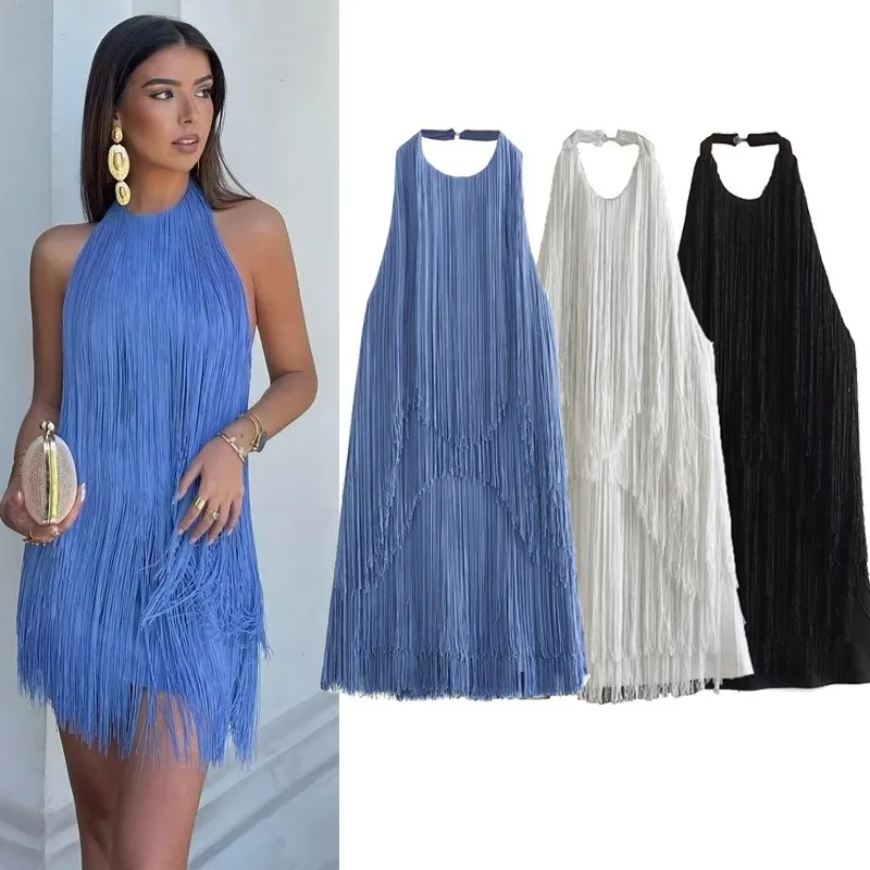 

Women's Fashion Summer New Sexy Solid Color Hanging Neck Sling Backless Tassel Dress Chic Women's Retro Evening Gown 2025 New