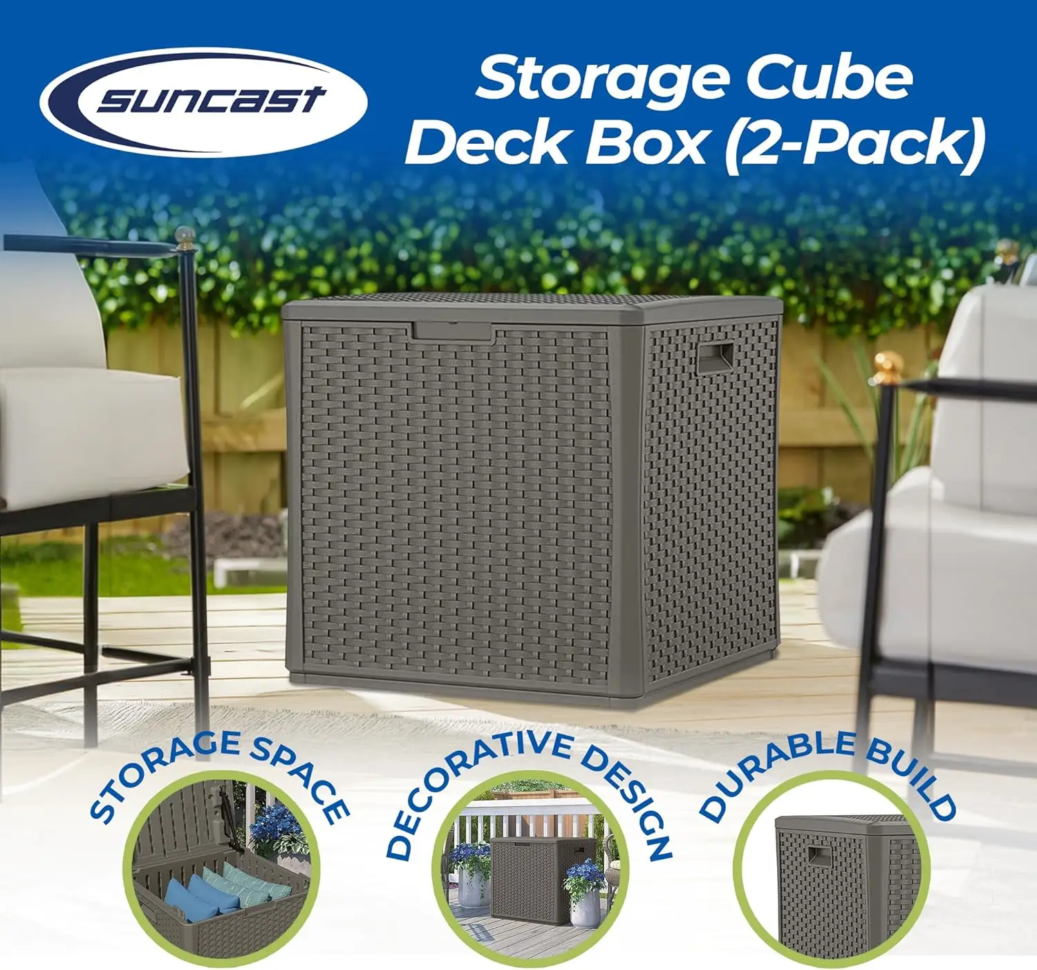 60 Gallon Resin Outdoor Patio Storage Cube Deck Box, Stoney (2 Pack)