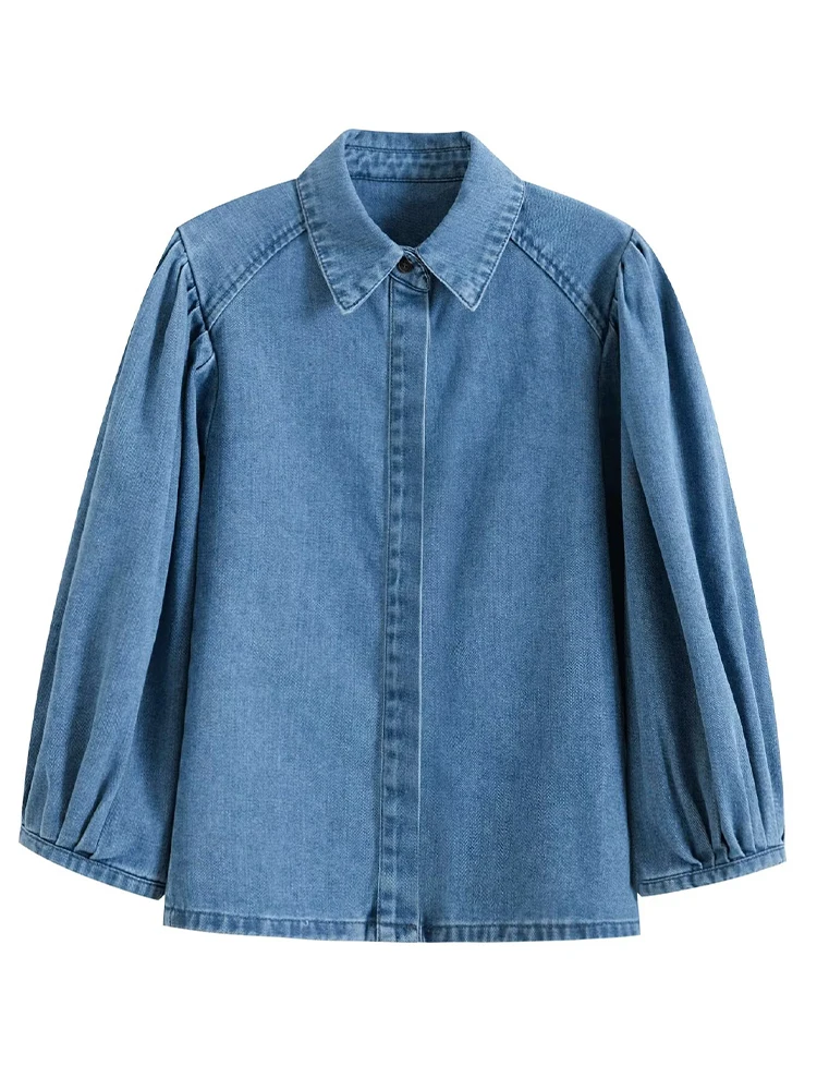

European style new women's fashion versatile simple temperament solid color denim lapel puff sleeve shirt