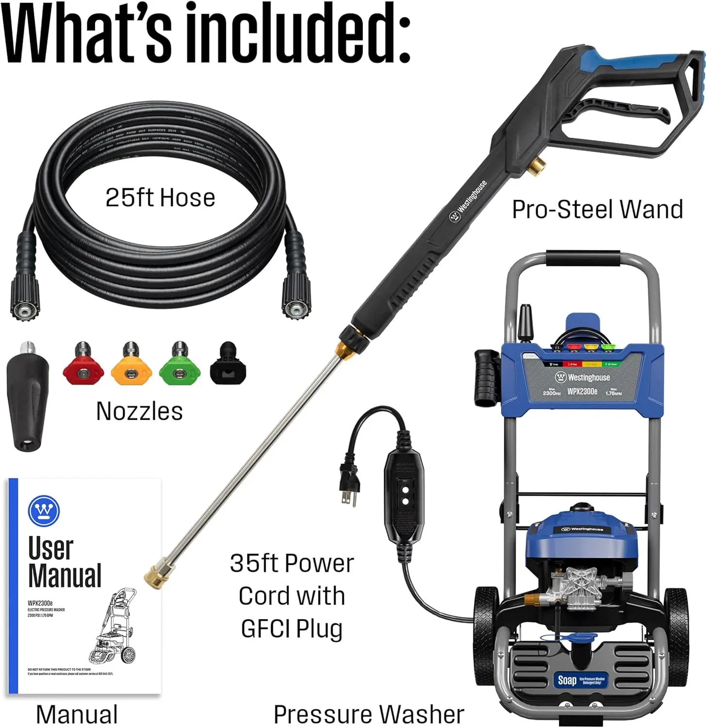 300e Electric Pressure Washer, 2300 Max PSI and 1.76 Max GPM, Induction Motor, Onboard Soap Tank, Spray Gun and