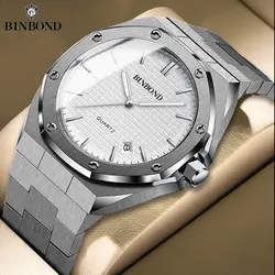 BINBOND Mens Watch Top Brand Royal Casual Men Big Dial Silver Stainless Steel Calendar Quartz Wristwatch Classic Luminous B0233