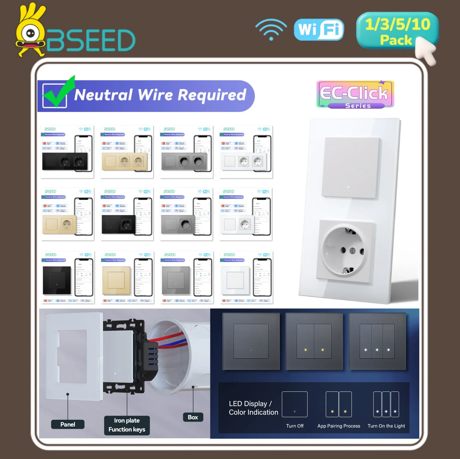 BSEED WIFI Switches Tuya App Smart Click Buttons Light Switches EU 1Gang Smart Wall Switches Normal Wall Socket Plug E-Click