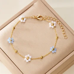 Korean Cute Flower Bracelet For Women Girls Exquisite Imitation Pearl Metal Beads Chain Wristband Party Minimalist Jewelry Gifts