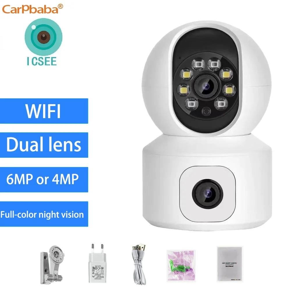 CARPBABA ICSEE 6MP Dual Lens WiFi Camera PTZ Indoor Wireless Security Surveillance Camera Auto Tracking Baby Monitor Smart Home