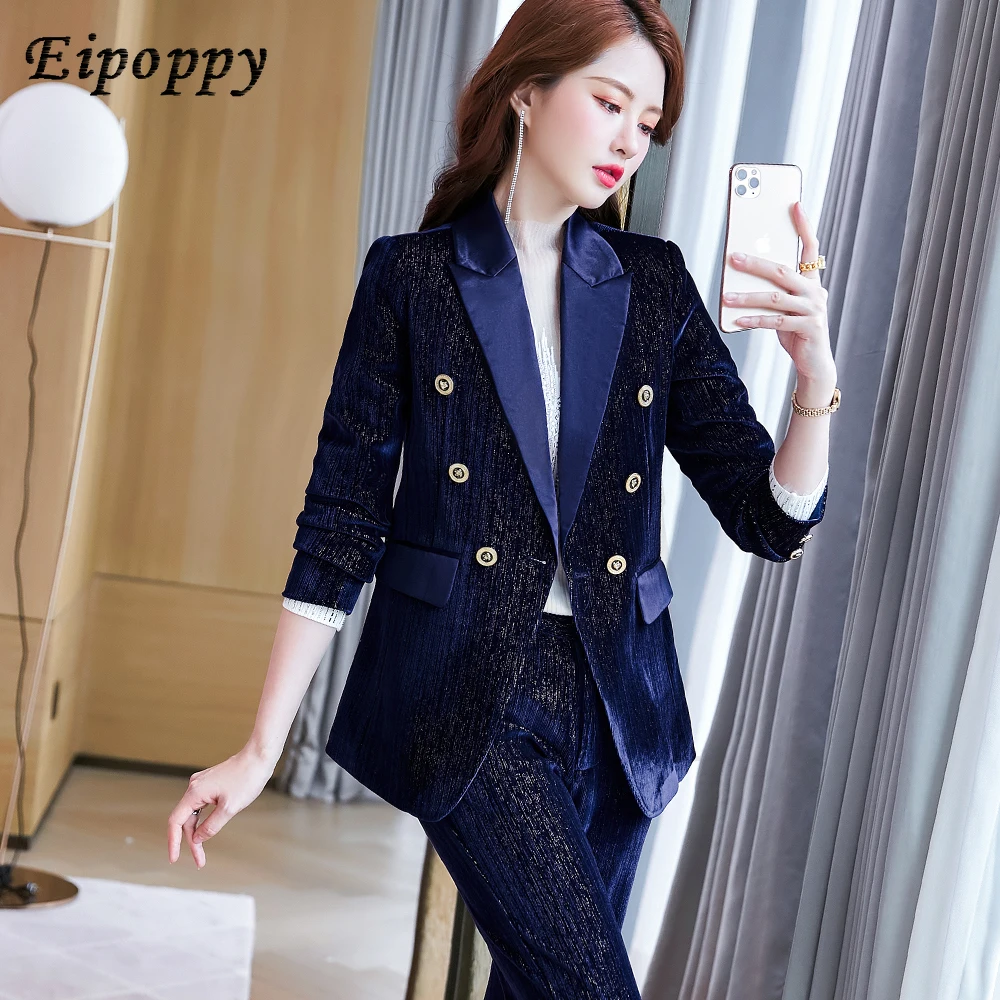 New Arrival Winter Warm Women Fashion Pant Suit 2 Piece Set Green Blue Wine Formal Blazer Coat Tops and Trousers