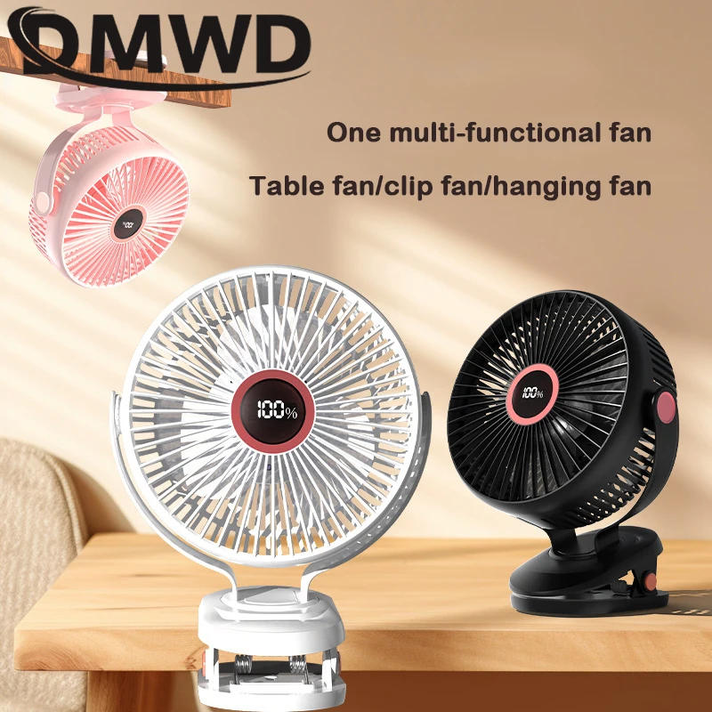 DMWD Portable USB Table Fan Clip-on Type 10000mAh Rechargeable Mini Desk Fan 720 Degree Rotation 5 Speeds Adjustable Clip-on Fan