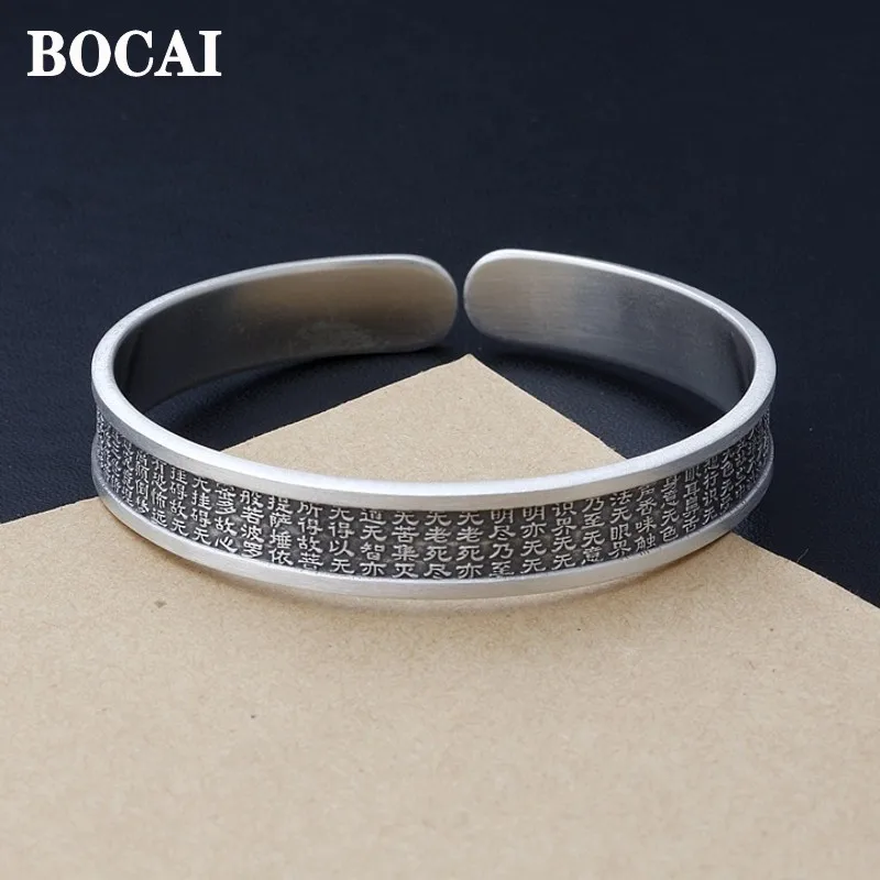 

BOCAI Real S999 Pure Silver Bracelet for Women Retro Handmade Buddhism Heart Sutra Good Luck Trend Gifts