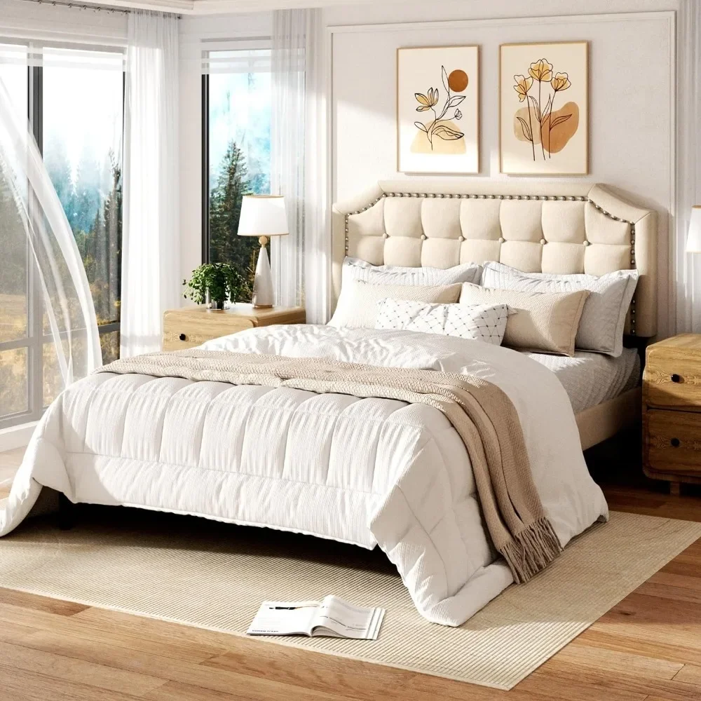 Bed Frame with Button Tufted & Rivet Decorative Headboard, Upholstered Platform Bed