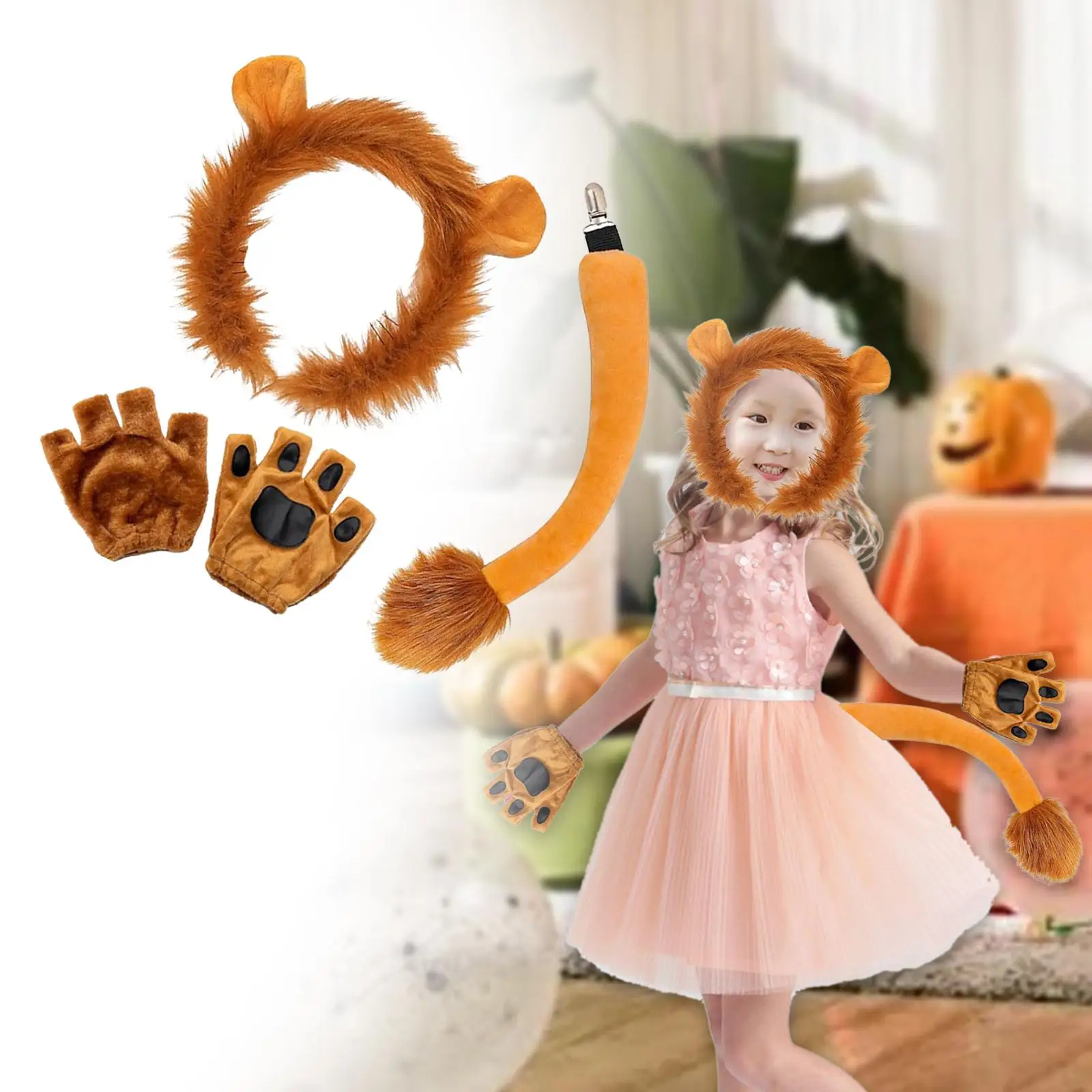 Halloween Lion Costume Set Lion Tail Paw Gloves Creative Headdress for Adults Carnival Birthday Festival Photo Props Cosplay