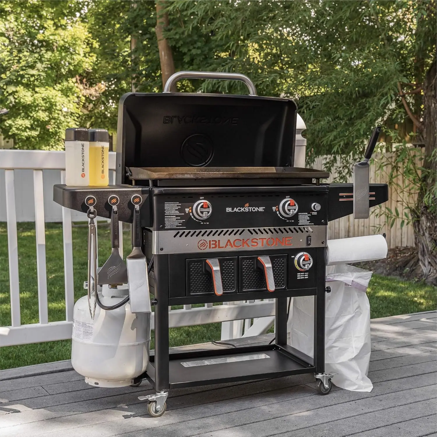 Air Fryer Combo & Two Burners Stainless Steel Gas Hood, Wheels, Two Side Shelf